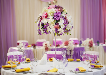 Table set for wedding or another catered event dinner.