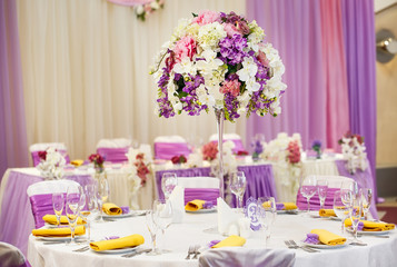 Table set for wedding or another catered event dinner.