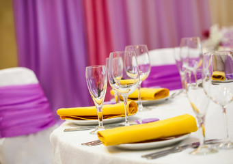 Table set for wedding or another catered event dinner.