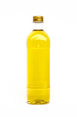 Full bottle of cooking oil isolated on white background.