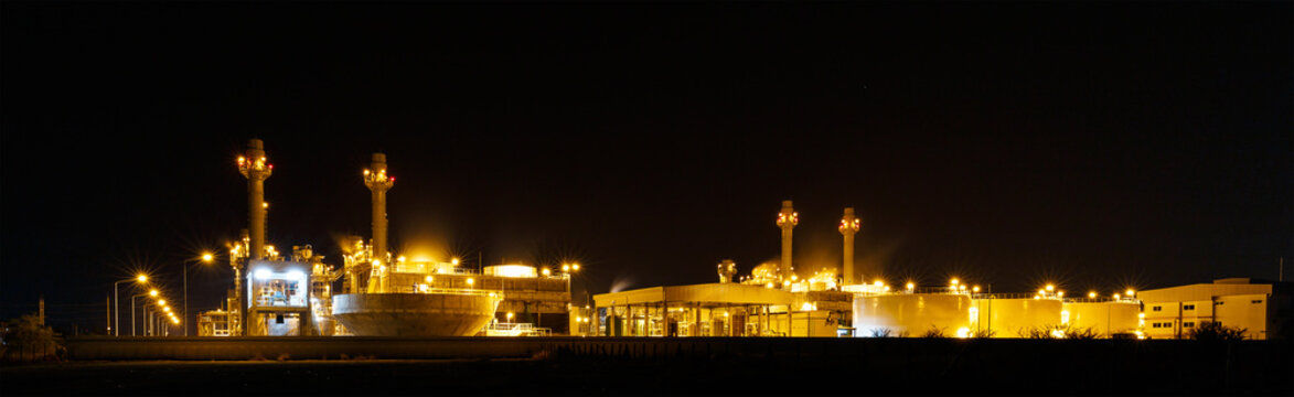 Gas turbine electrical power plant at night  with light