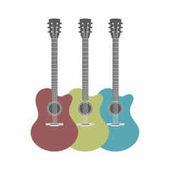 three acoustic guitars set isolated on white background