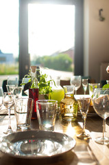 Table with drinks in restaurant during the sunset