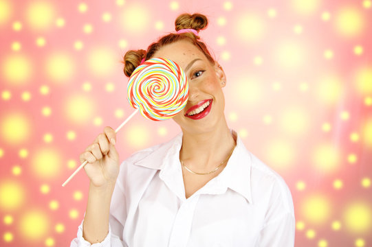 cute girl with big candy, sweet sugar, candy concept. Poster commercial ready
