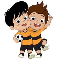 Cartoon soccer kids.Two friendly kid got the win and walked toge