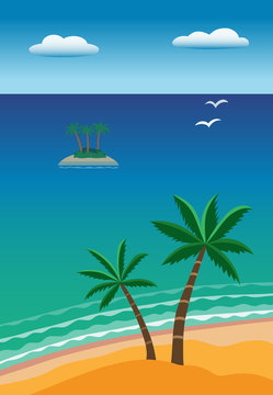 Seascape/Waterscape with beach, palms and a distant island