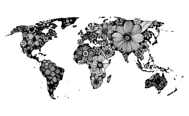 Mapa świata kwiatowy, ręcznie rysowane, czarno-biały doodle wektor - 114450452