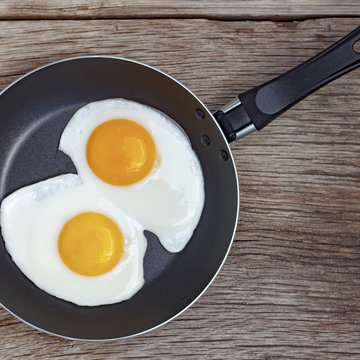 Square Shot . Fried Egg On A Pan. Flat Position, Top View.