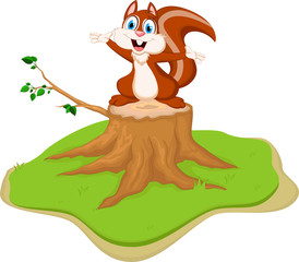 funny squirrel cartoon on tree stump