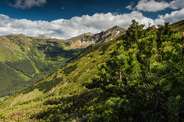 Panoramic vista over high peak mountains