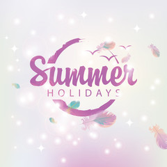 Travel Banner summer holidays on abstract pink background of stars and glare with bird feathers