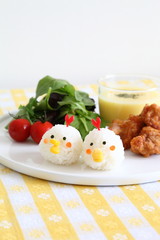 One Plate Healthy Meal with Chicken Shaped Rice ball