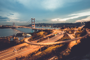 Beautiful night scenes of Tsing Ma Bridge The highway road in Ho