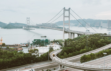 Fototapeta na wymiar Beautiful of Tsing Ma Bridge The highway road in Hong Kong
