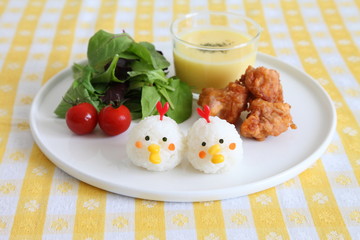 One Plate Healthy Meal with Chicken Shaped Rice ball