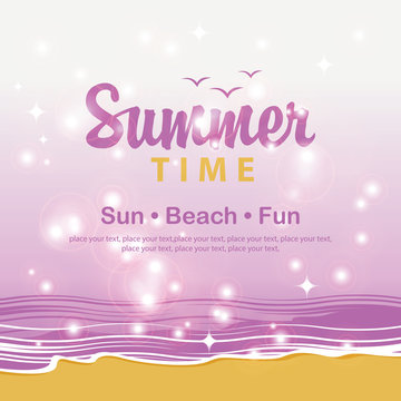 Travel banner with the beach, the sea and the words summer time