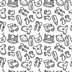 Vector seamless pattern with baby objects. Newborn clothes and accessories background in doodle style