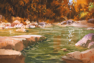 Naklejka premium creek in autumn forest,nature,landscape,illustration painting