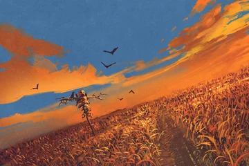 Poster de jardin Grand échec Champ de maïs avec épouvantail et ciel coucher de soleil, peinture d& 39 illustration