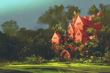 red mansion in the wood,illustration painting - obrazy, fototapety, plakaty
