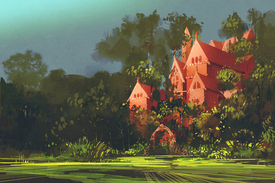 red mansion in the wood,illustration painting