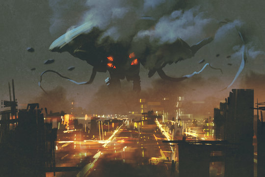 sci-fi scene,Alien monster invading night city, illustation painting