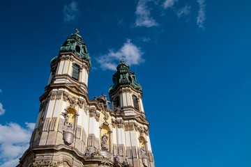 Fototapeta na wymiar Church towers Krzeszow, Poland