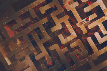 Fototapeta premium man standing above the maze with lava cracked,illustration painting