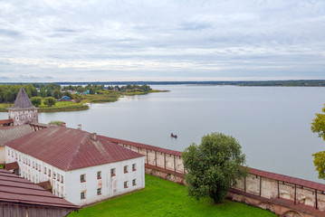 Fototapeta na wymiar Russian landscape of lake Siverskoye from St. Cyril's Monastery