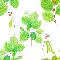 Watercolor floral seamless pattern with spring young green leave