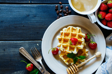 Belgian waffles with strawberries