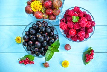 Ripe juicy berries in glass bowls on painted blue wooden background, black and red currant, raspberry, gooseberry, peppermint leaves and yellow chamomiles, summer fruits and flowers