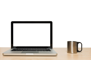 Open laptop with isolated white screen and stainless cup