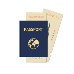 Passport with flight tickets vector illustration isolated on white background, flat blue closed passport with two tickets, concept of flight travel journey ready