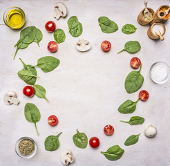 ingredients for the salad, herbs and seasonings, lined frame on a white rustic background, frame, space for text