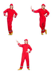 Woman in red overalls isolated on white