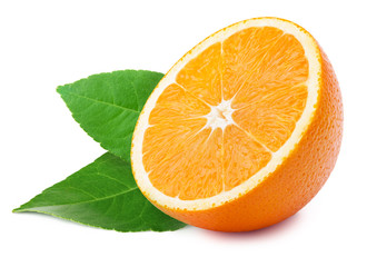 Perfectly retouched sliced orange with leaves isolated on the white background with clipping path