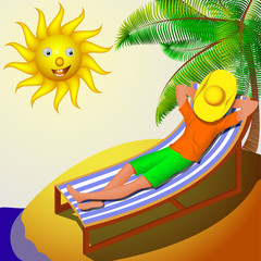 A man resting on a deckchair on a sunny day. the bright sun illuminates a man on a deck chair in a cowboy hat