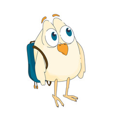 funny little bird with big eyes and a backpack on his back