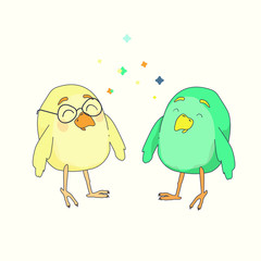 two little funny birds are sitting opposite each other and smiling