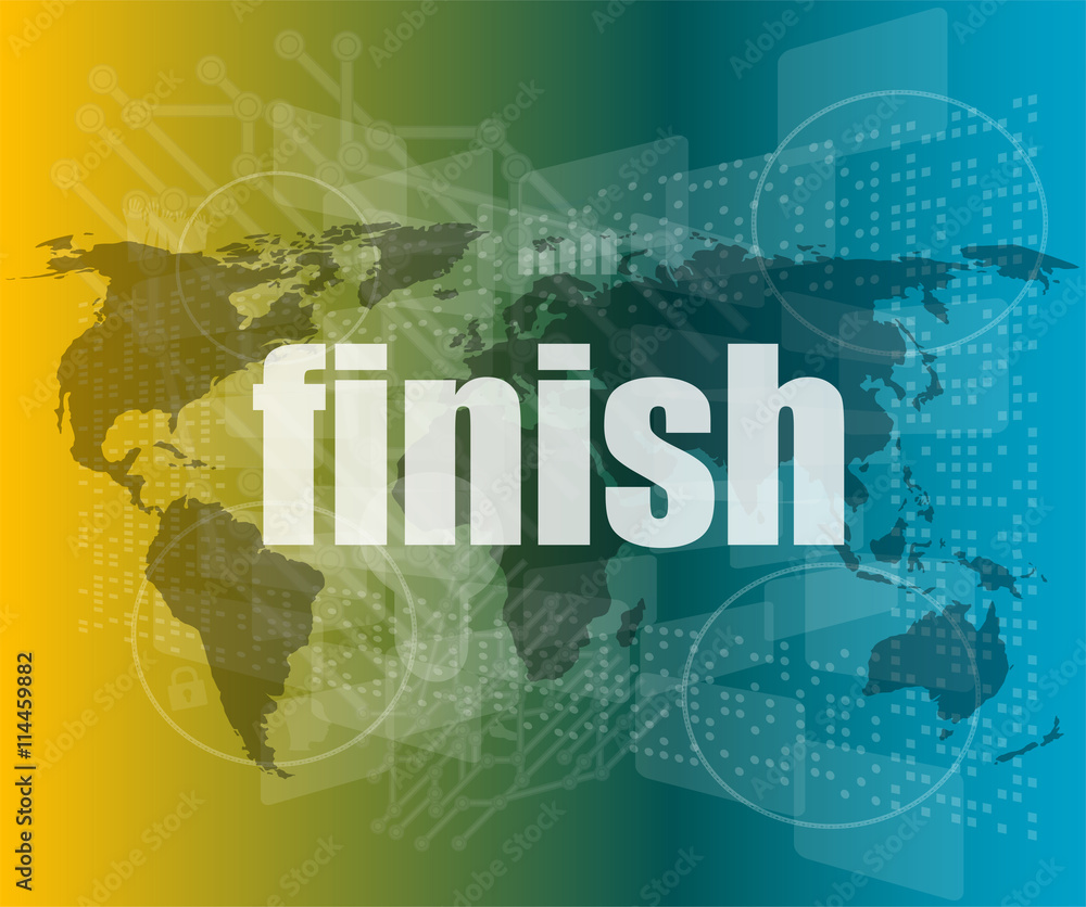 Poster finish word on digital screen, mission control interface hi technology vector quotation marks with t