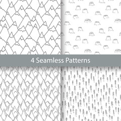 Nature Seamless Pattern Collection in Black and White. Set of Repetitive Textures with Hand Drawn Mountains, Firs and Stumps. Vector Baby Backgrounds. Ready Pattern Swatches Included in File - 114461271