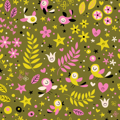nature seamless pattern with cute birds flowers stars