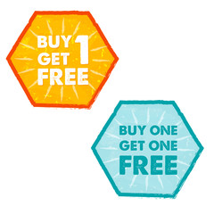 buy one get one free in grunge flat design hexagons labels, vect