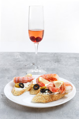 Tasty various italian sandwiches with seafood