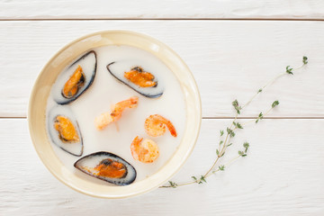 Food Seafood Cream Soup White Bowl Shrimp Mussel Creative Chinese Japanese Cuisine Restaurant Concept