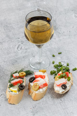 Tasty various italian sandwiches with seafood