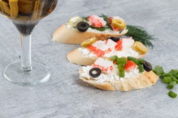 Tasty various italian sandwiches with seafood