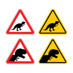 Warning sign of attention dinosaur. Dangers yellow sign Tyrannos