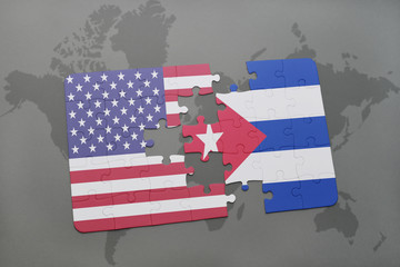 puzzle with the national flag of united states of america and cuba on a world map background